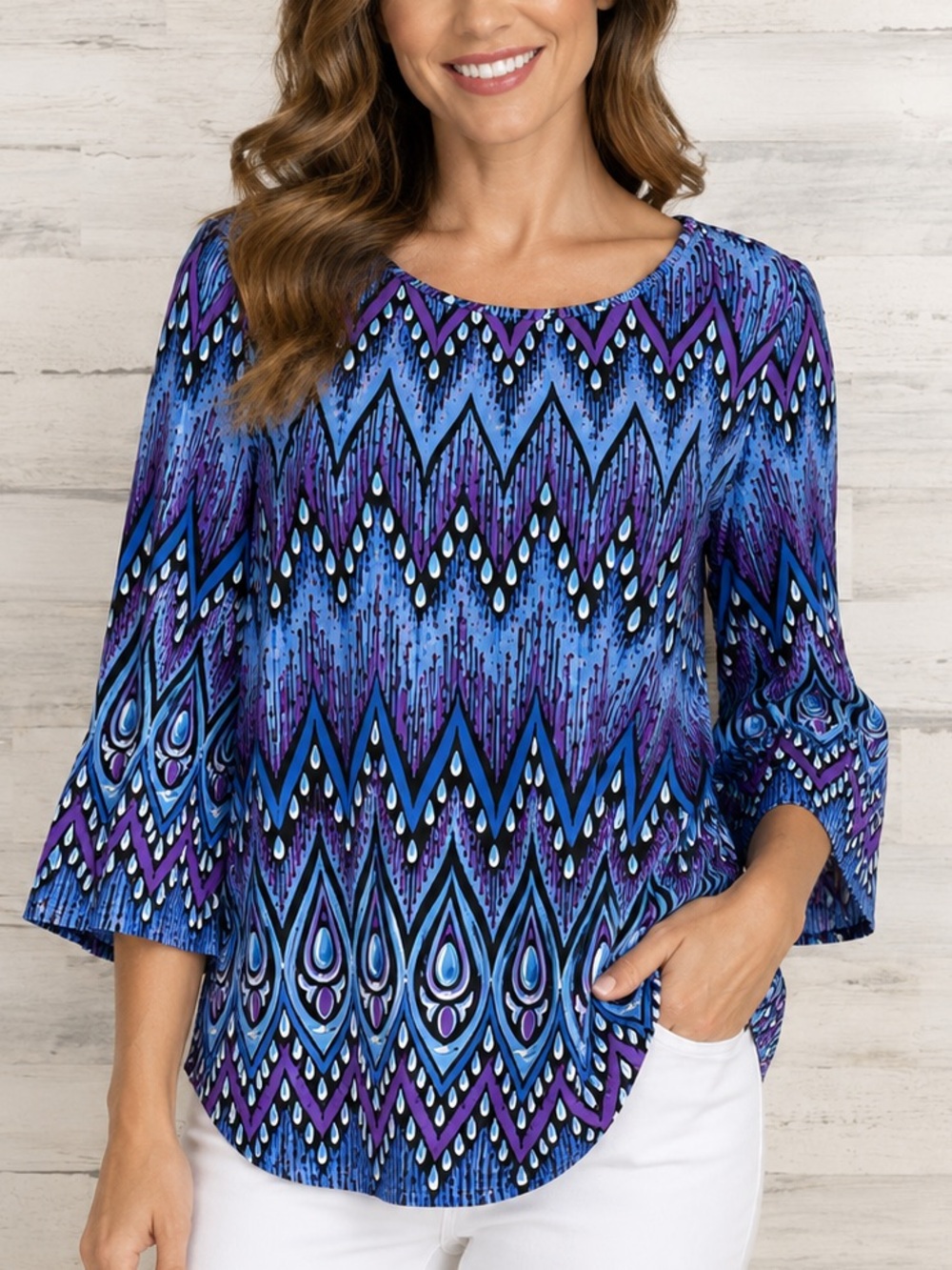 Bob Mackie Wearable Art Blouse Women's Size Medium Purple Blue, White Black Top